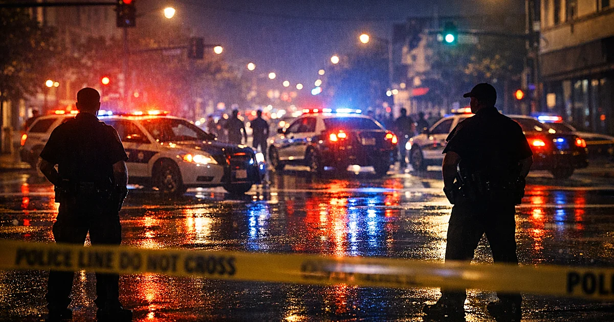 Police vehicles with emergency lights active at night on wet urban street with officer silhouettes