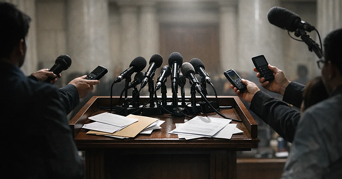 Silhouetted reporters with microphones facing empty podium in press briefing room