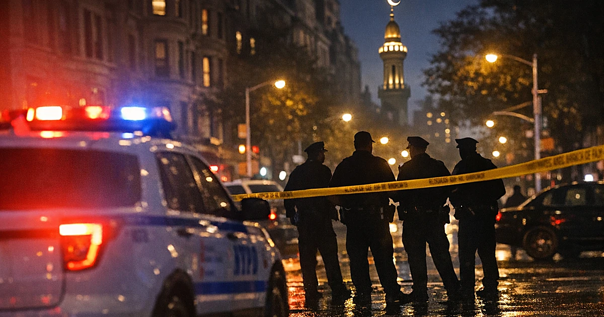 NYPD patrol car emergency lights illuminating wet Manhattan street at night with officers in silhouette