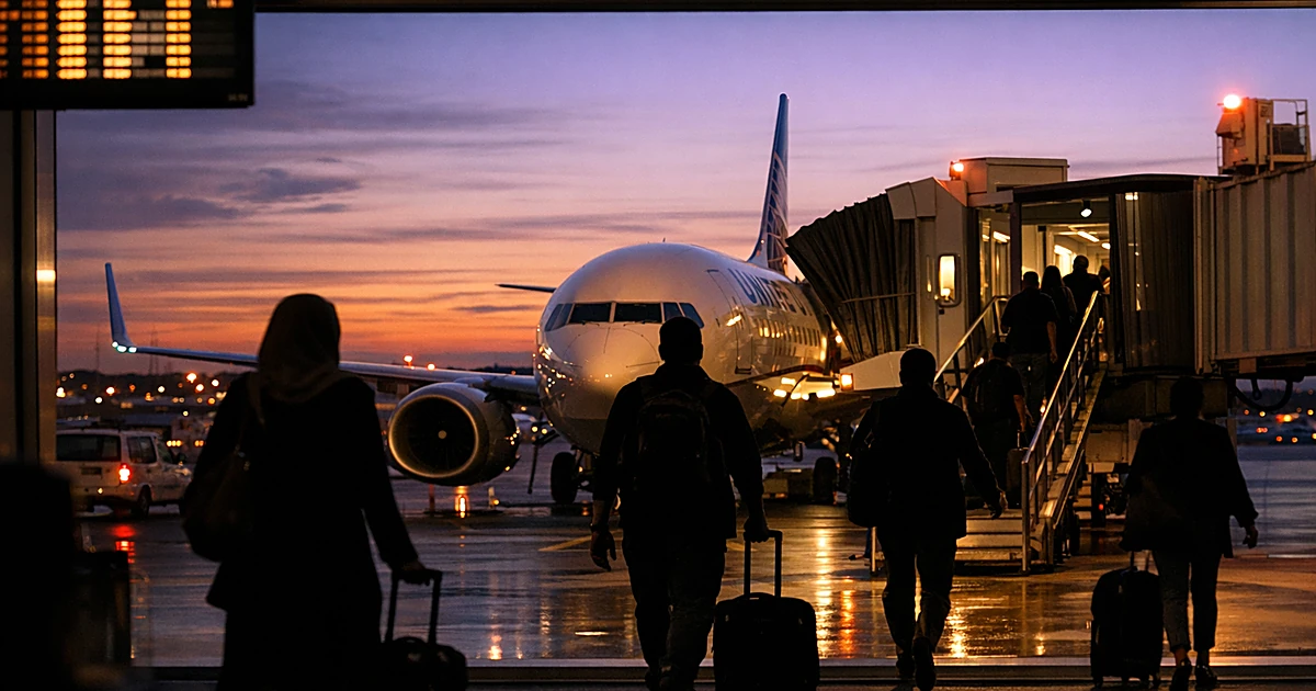 Silhouetted travelers with luggage walking through airport terminal gate toward aircraft at dusk