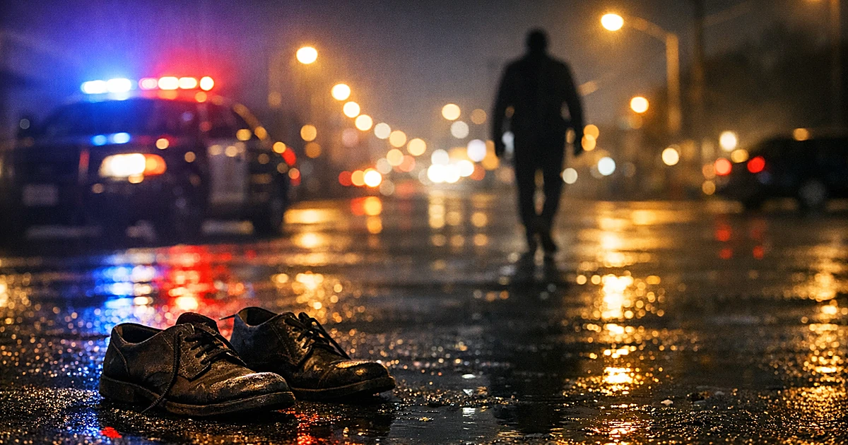Abandoned shoes on wet pavement in dark urban parking lot with police lights reflecting in puddles at night