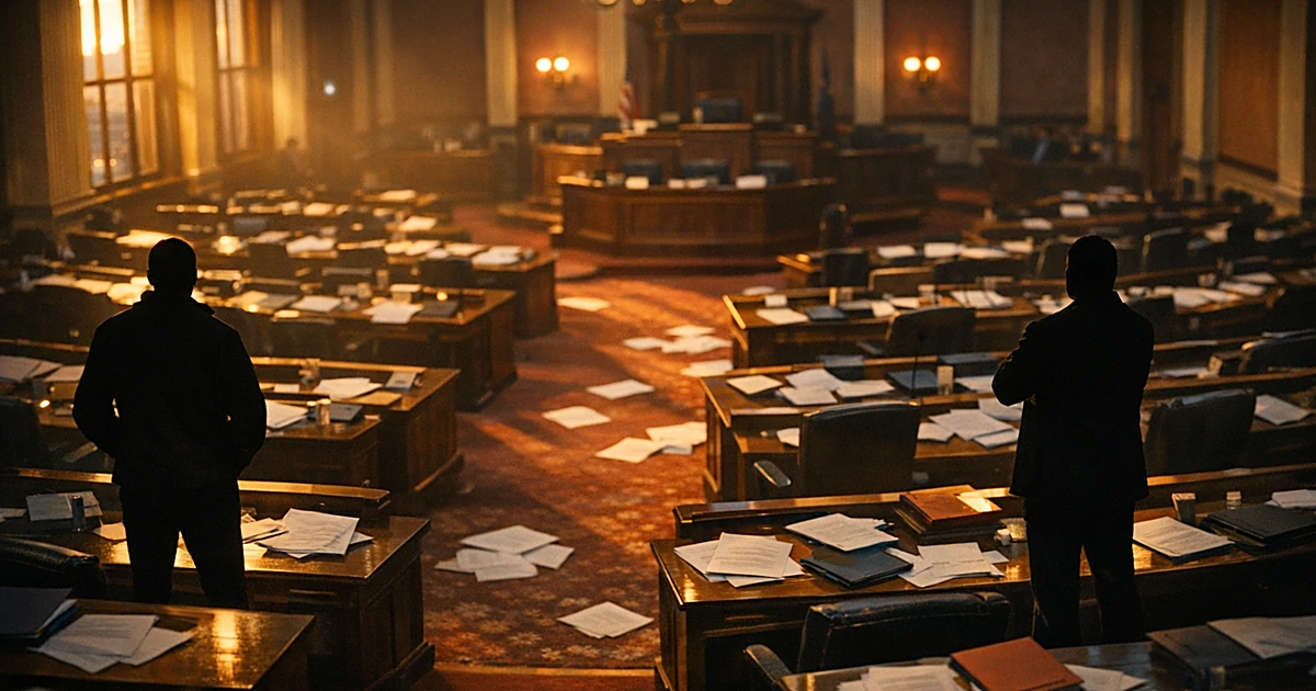 Empty legislative chamber at dusk with two silhouetted figures standing in opposite aisles amid scattered papers