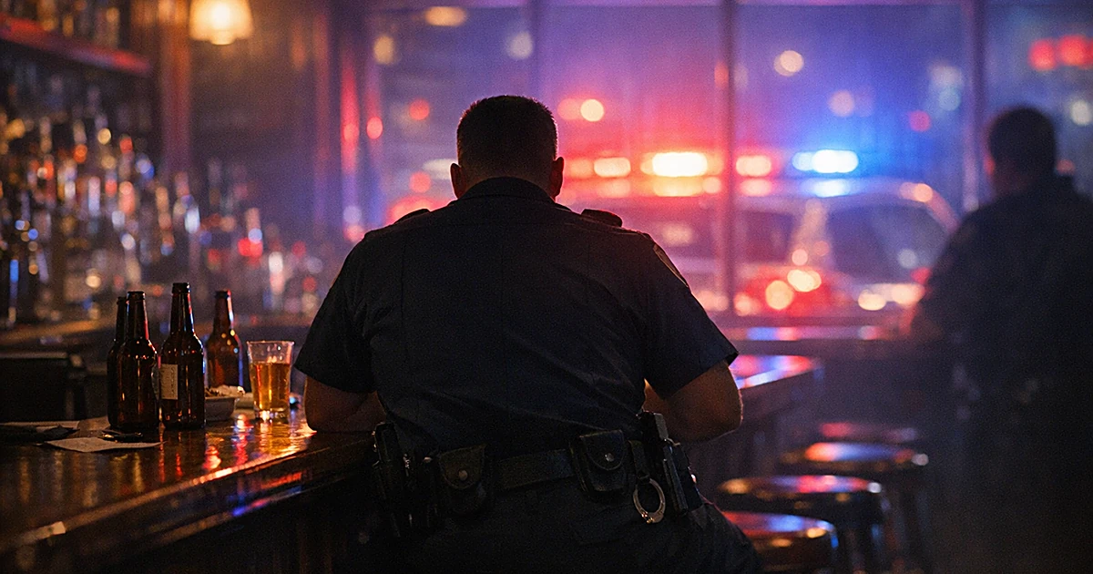 Police officer silhouette at bar counter with emergency lights flashing through windows
