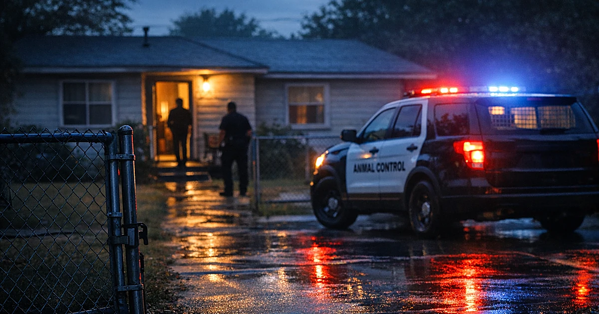 Animal control vehicle with emergency lights at residential home entrance at dusk with open chain-link gate
