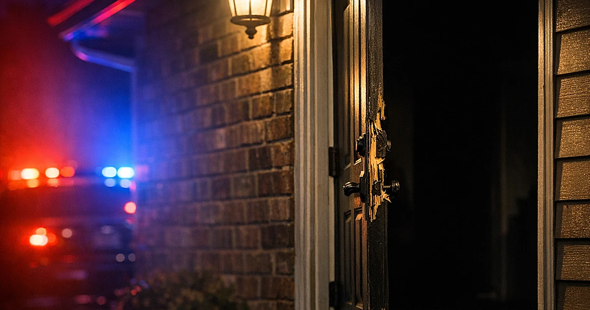 Damaged residential door ajar at night with emergency lighting visible in background