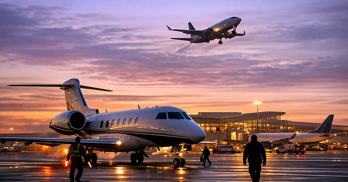 Modern airport terminal at dawn with private jet on tarmac and silhouetted ground crew