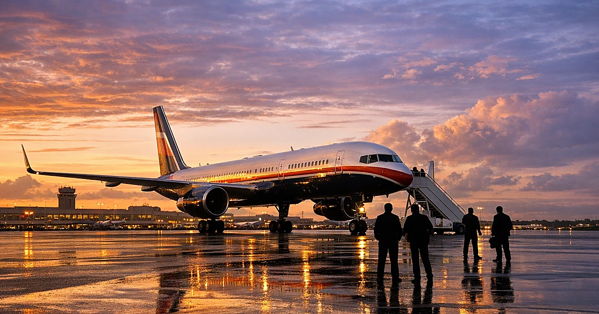 Commercial aircraft on airport tarmac at dawn with silhouetted figures and terminal building in background