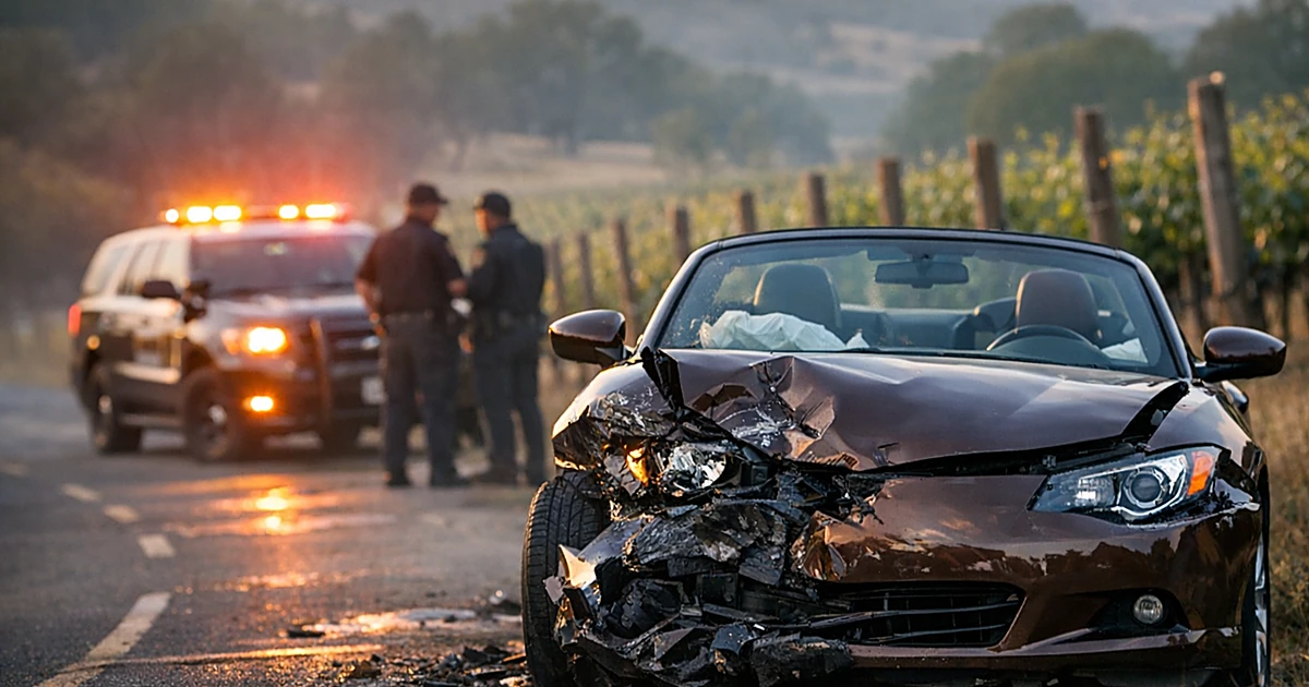 Damaged brown convertible blocking wine country road with sheriff patrol car lights flashing in background