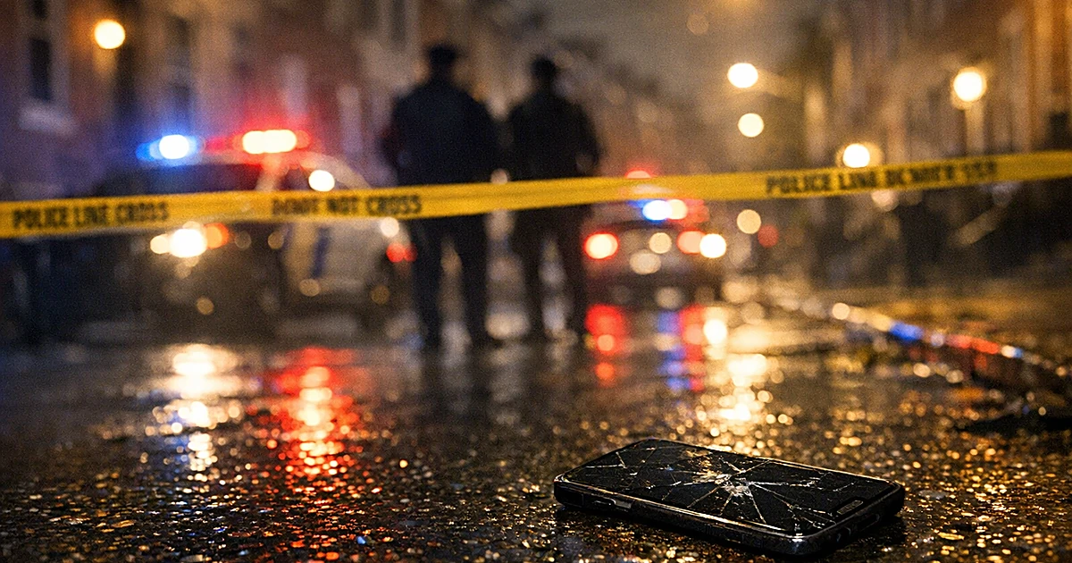 Damaged smartphone on wet street pavement with police lights flashing in background at night