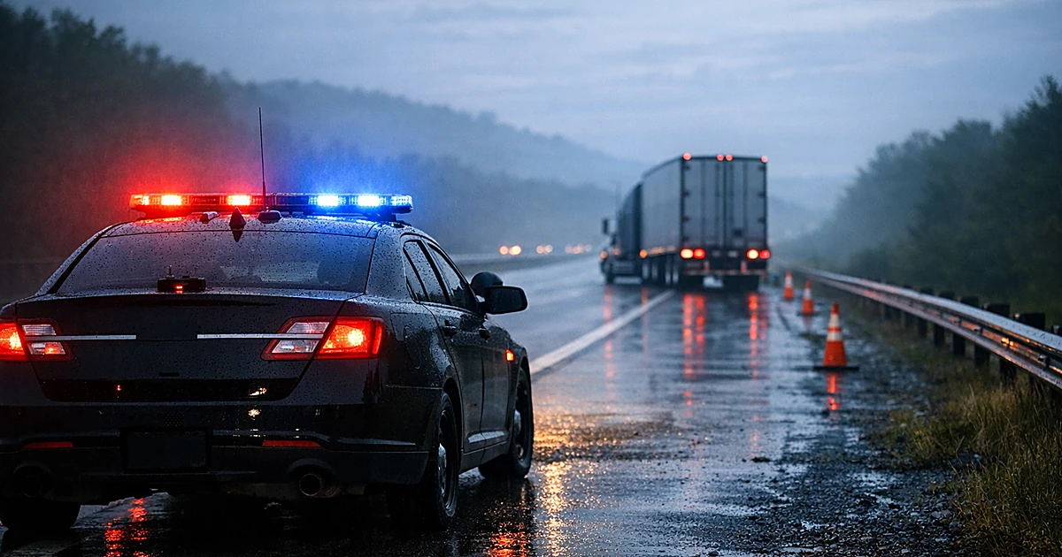Pennsylvania State Police patrol car with emergency lights on shoulder of interstate highway at dawn