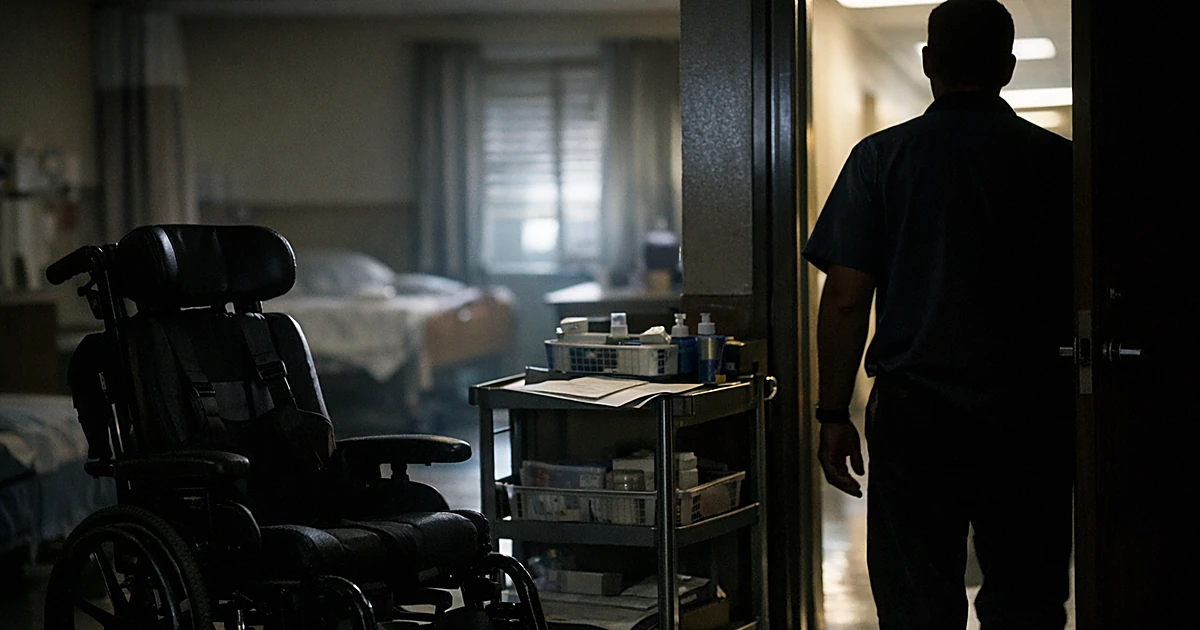 Caregiver silhouette in doorway of group home with empty wheelchair in foreground