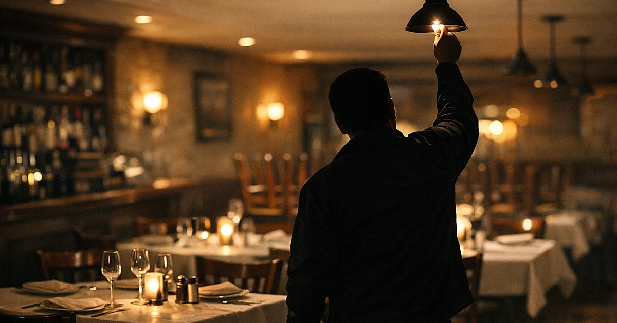 Silhouetted person turning off lights in empty Italian restaurant with set tables at closing time