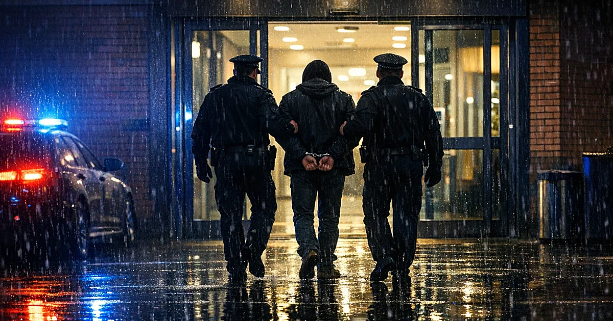 Police silhouettes escorting suspect into station entrance at dusk with emergency lights reflecting on wet pavement