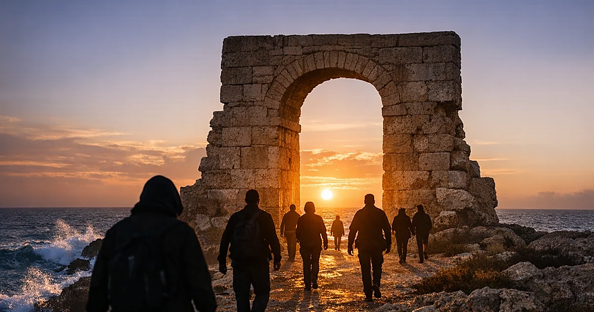 Stone archway monument on Mediterranean coastline with silhouetted figures walking toward the sea at sunset
