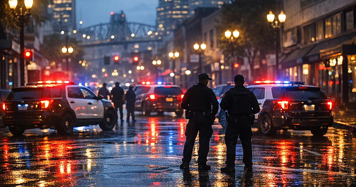 Police vehicles with emergency lights flashing on wet Portland street at dusk with officer silhouettes