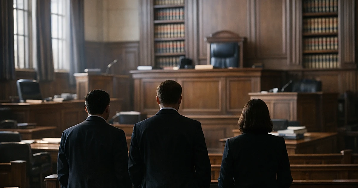 Empty British courtroom interior with wooden bench, gallery seating, and silhouetted figures standing in background