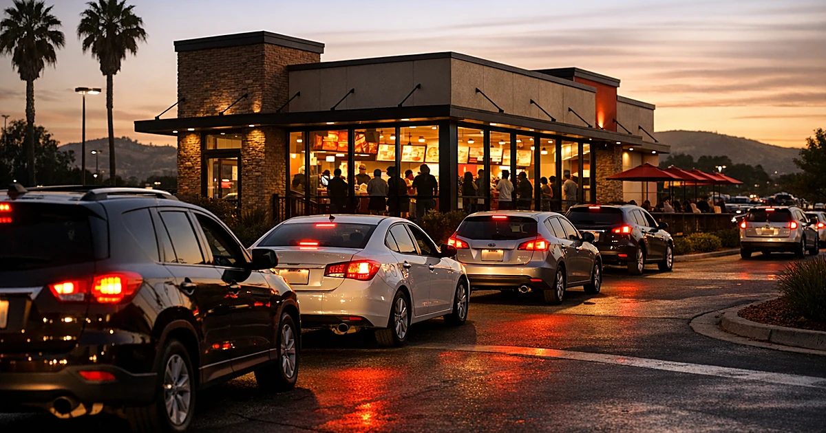 Busy fast-food restaurant exterior at dusk with drive-through line and customers visible as silhouettes inside