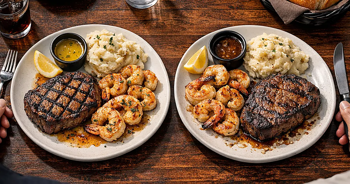 Two surf-and-turf dinner plates side by side on restaurant table showing steak and shrimp combinations