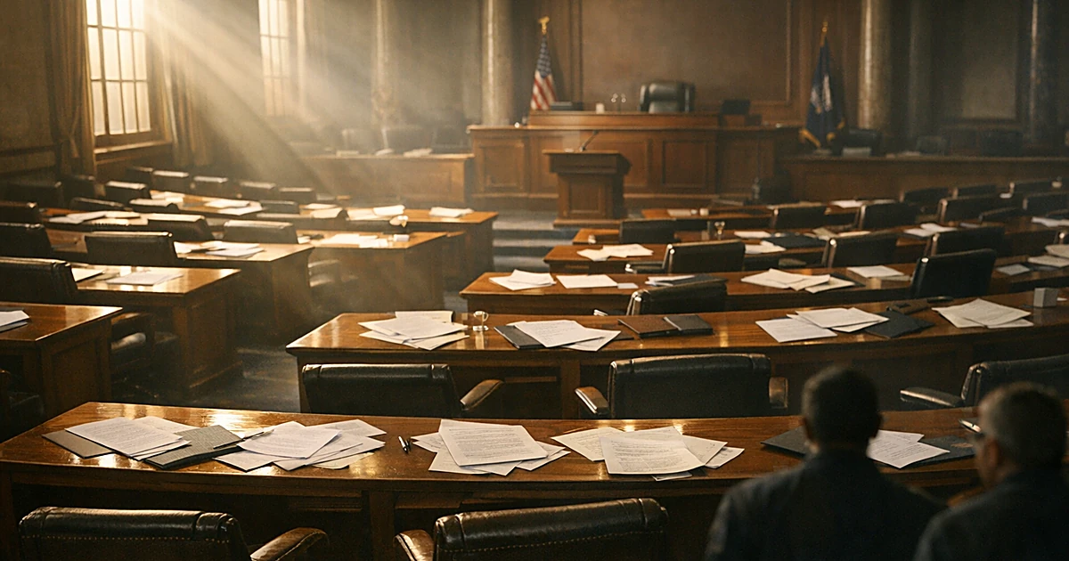 Empty legislative chamber with scattered papers on desks, dramatic afternoon sunlight streaming through windows