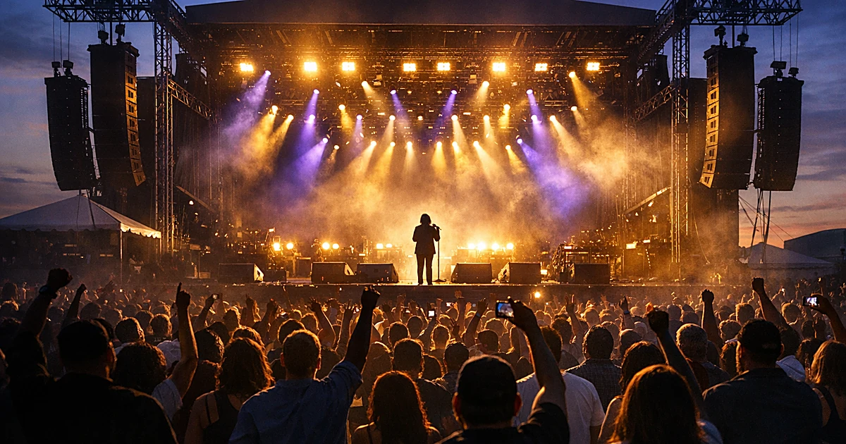 Silhouetted crowd facing illuminated festival stage at dusk with dramatic lighting and speaker arrays