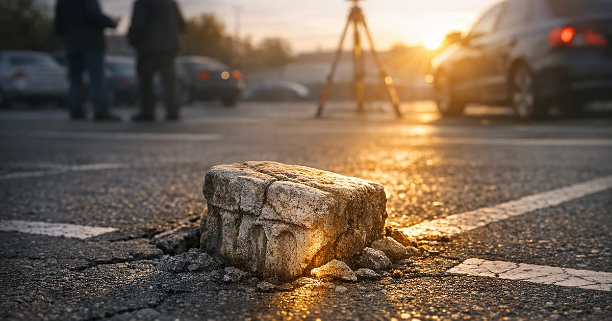 Ancient stone fragment embedded in modern parking lot pavement at dusk with soft background blur