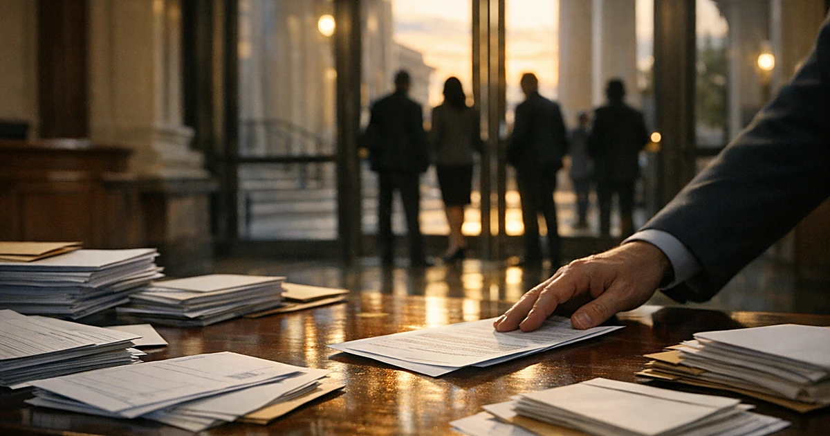 Voter registration documents on table inside New Jersey courthouse with silhouetted figures in background