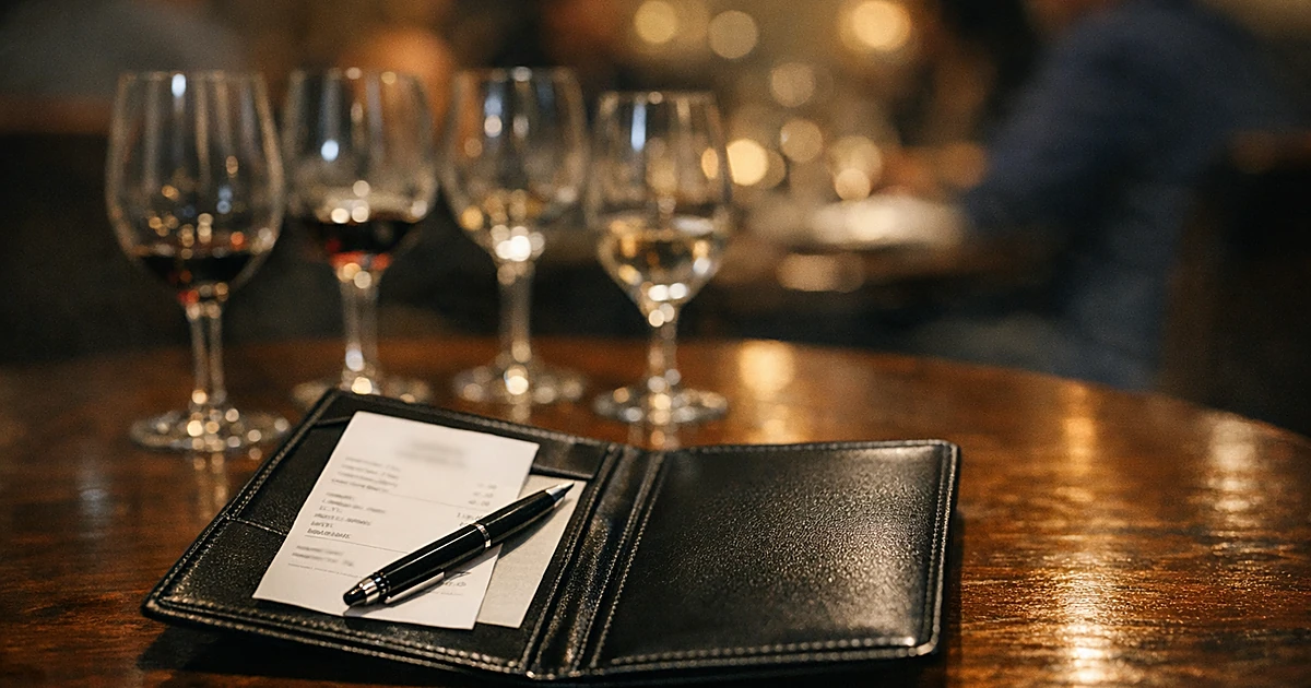 Open check presenter with receipt and pen on restaurant table with empty wine glasses in background