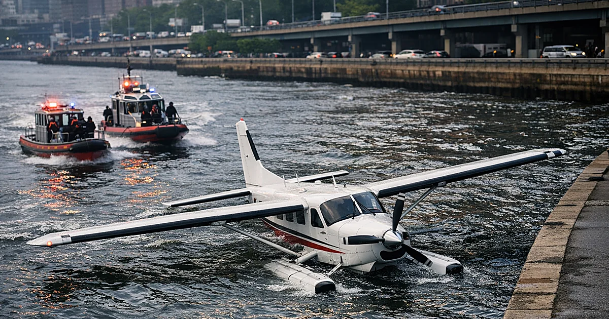 Seaplane floating on choppy river water with emergency response boats approaching near urban shoreline