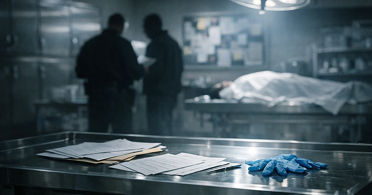 Police evidence examination room with metal table, documents, and silhouetted investigators in background