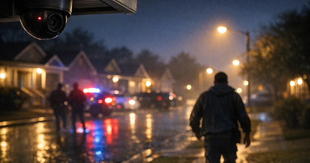 Security camera mounted on suburban home at night with wet street and porch lights in background