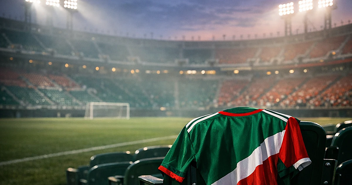 Empty soccer stadium at dusk with Mexico jersey draped over seat in foreground, stadium lights glowing through haze