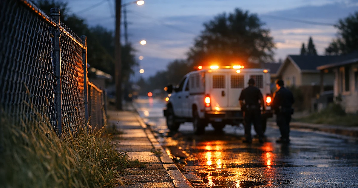 Animal control vehicle with flashing lights parked on empty suburban street at dusk with chain-link fence