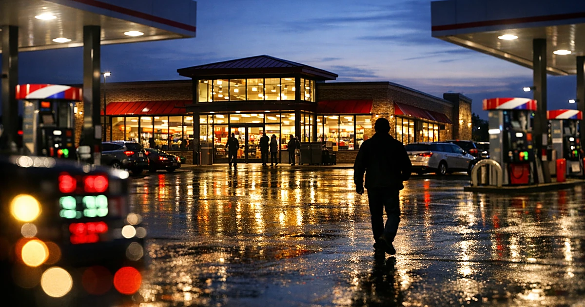 Modern convenience store exterior at dusk with illuminated fuel pumps and glowing interior through glass windows