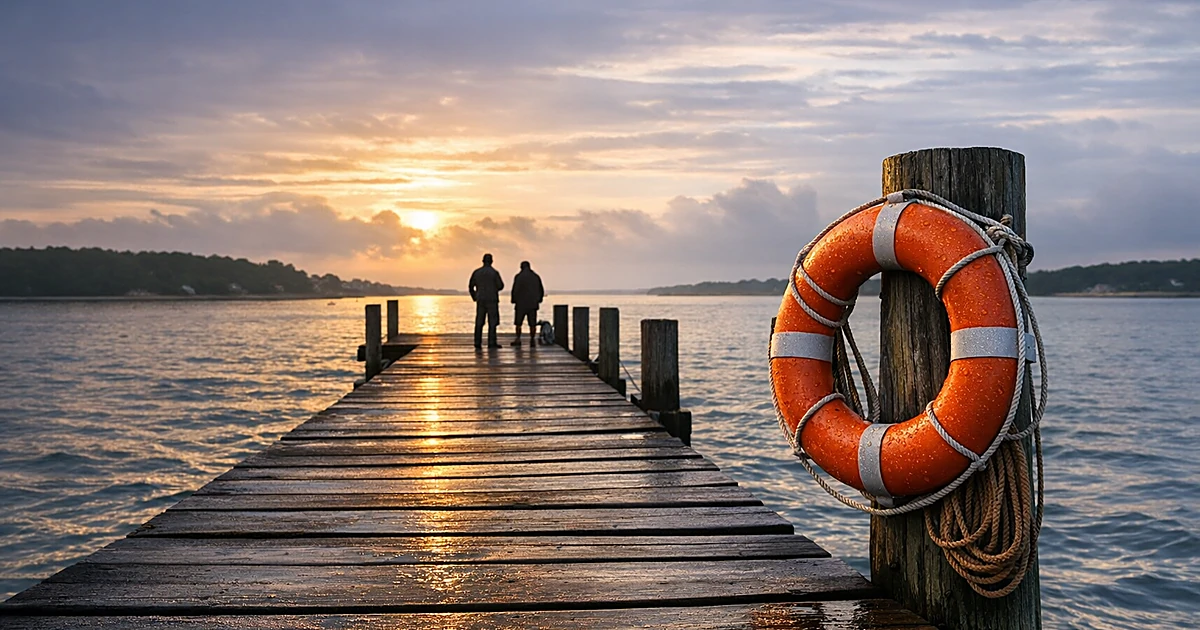 Wooden dock extending into calm bay water at dawn with life preserver hanging on post