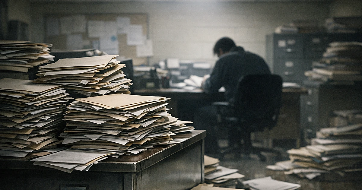 Overwhelmed child services office with stacks of case files piling on desk and silhouetted worker in background