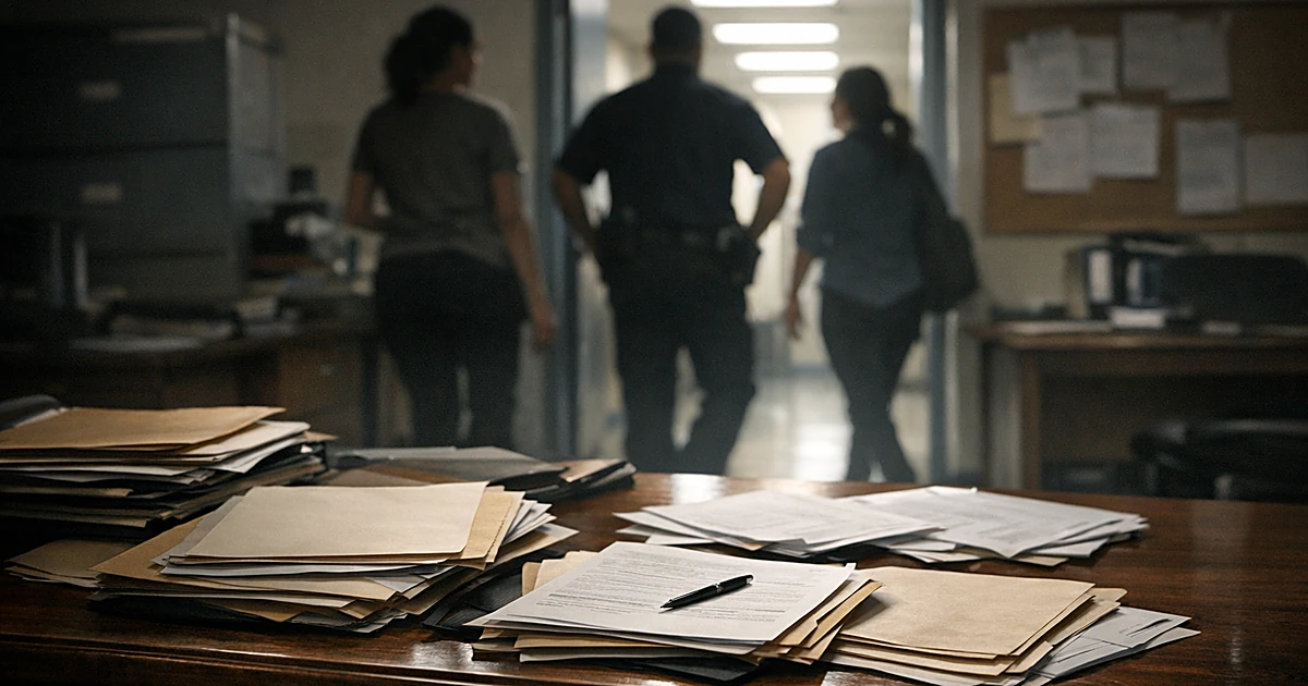 Child welfare office desk with scattered case files and silhouetted workers in background doorway