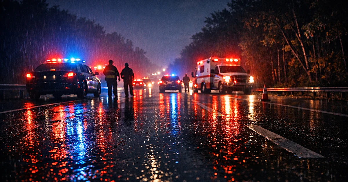 Emergency lights reflecting on wet highway at night with dark trees lining the road