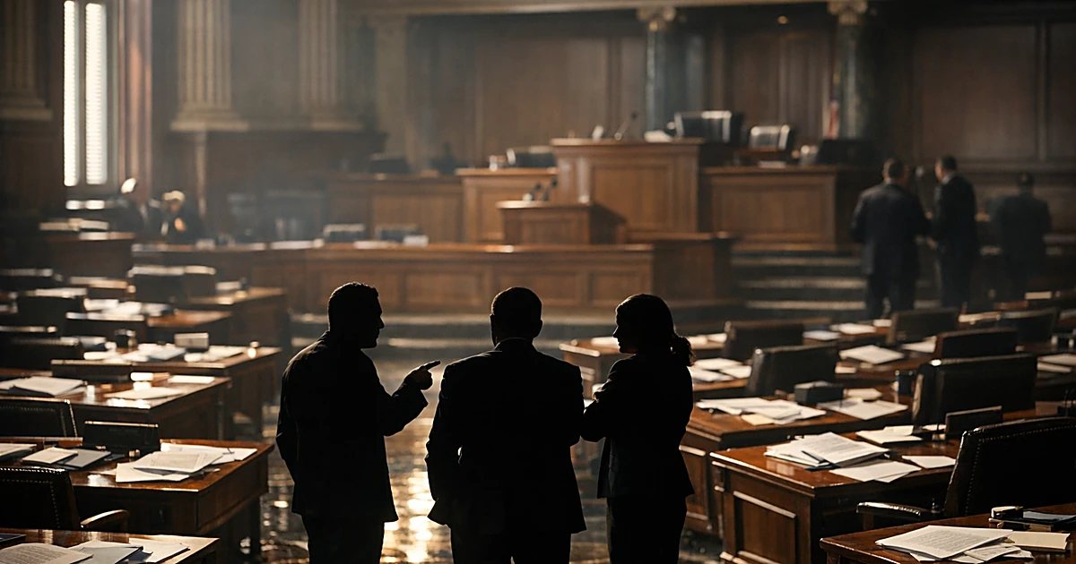 Silhouetted figures in discussion inside a legislative chamber with scattered papers on desks
