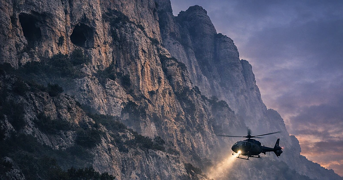 Steep mountain cliff face at Montserrat with helicopter silhouette hovering near base at dusk