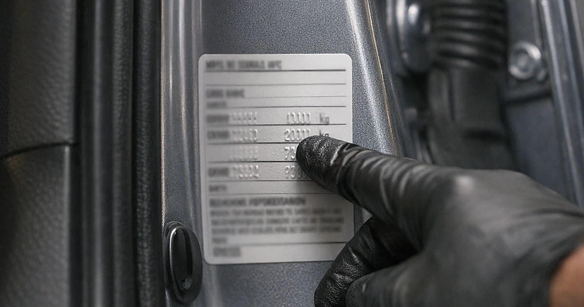 Close-up of vehicle certification label on door jamb with gloved hand pointing to weight rating numbers