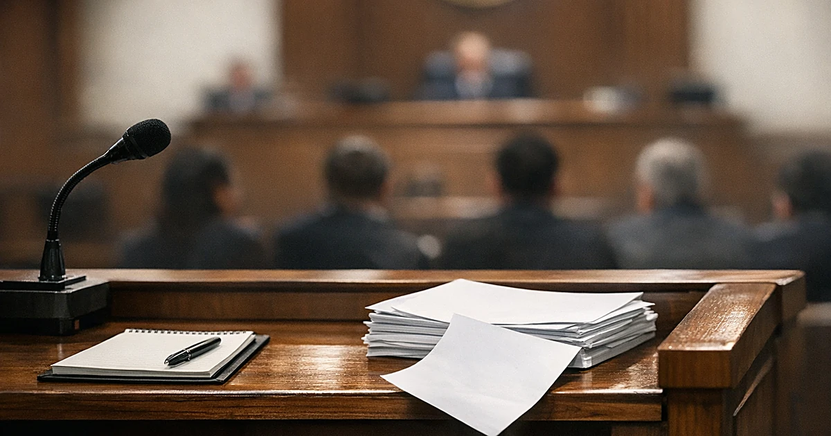 Courtroom witness stand with microphone and documents, silhouetted figures in background gallery seating