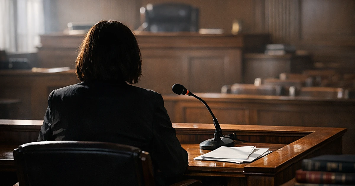 Silhouetted figure seated at witness stand in empty courtroom with judge's bench in background