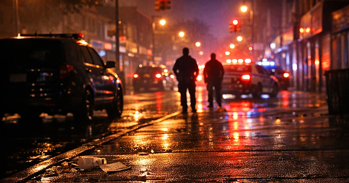 Unmarked police vehicle on wet Brooklyn street under streetlights before dawn with emergency lights in background