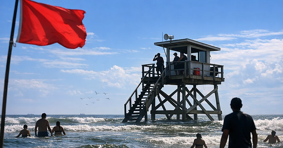 Lifeguard tower overlooking crowded beach with swimmers in surf and warning flag flying