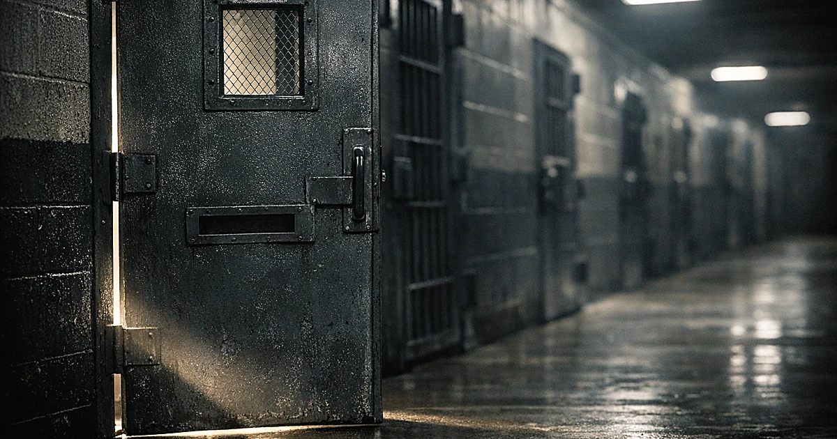 Prison cell door slightly open with harsh light spilling onto concrete corridor floor in maximum security facility