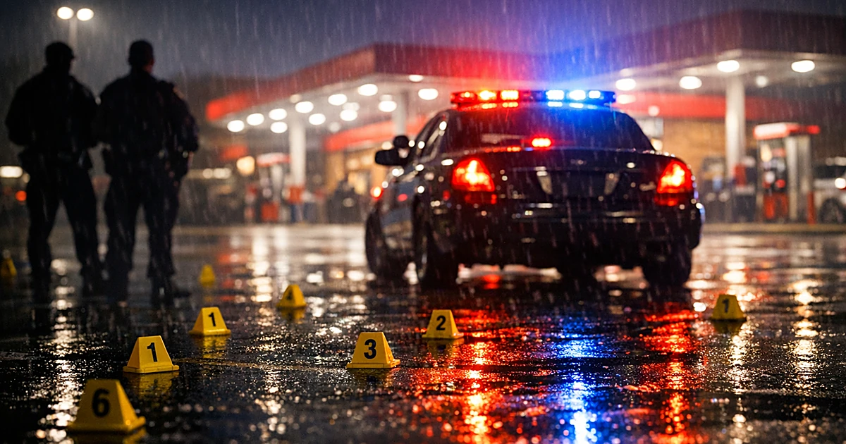 Police car with flashing emergency lights in gas station parking lot with evidence markers on wet pavement