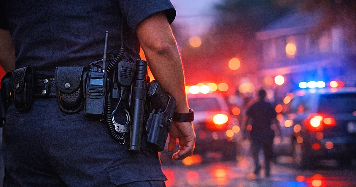 Police officer silhouette with duty belt equipment as emergency vehicle lights flash at residential scene