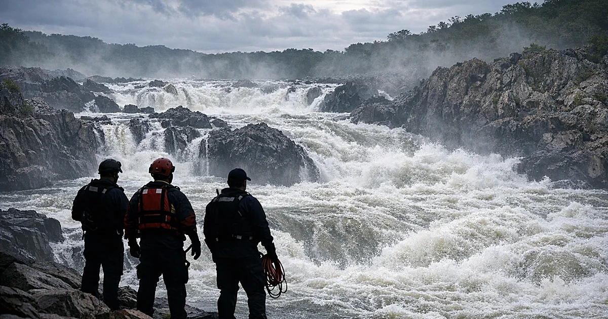 Rescue personnel silhouettes overlooking turbulent Potomac River rapids at Great Falls with rocky outcroppings