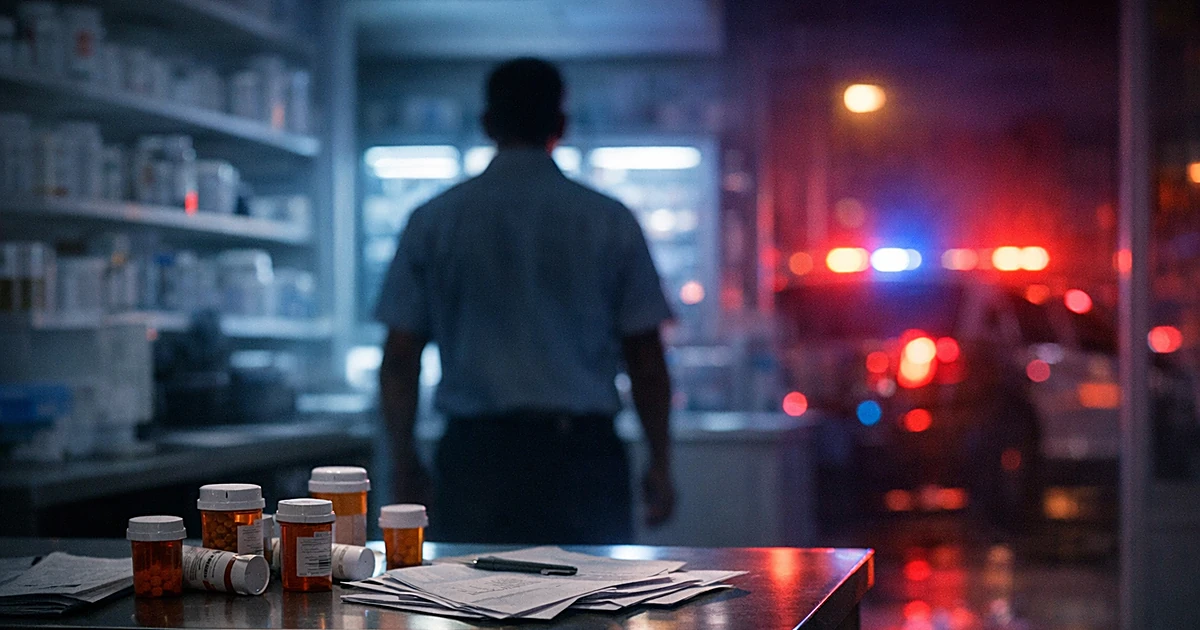 Pharmacy counter with emergency lights flashing through windows as silhouetted figure stands in darkened back room