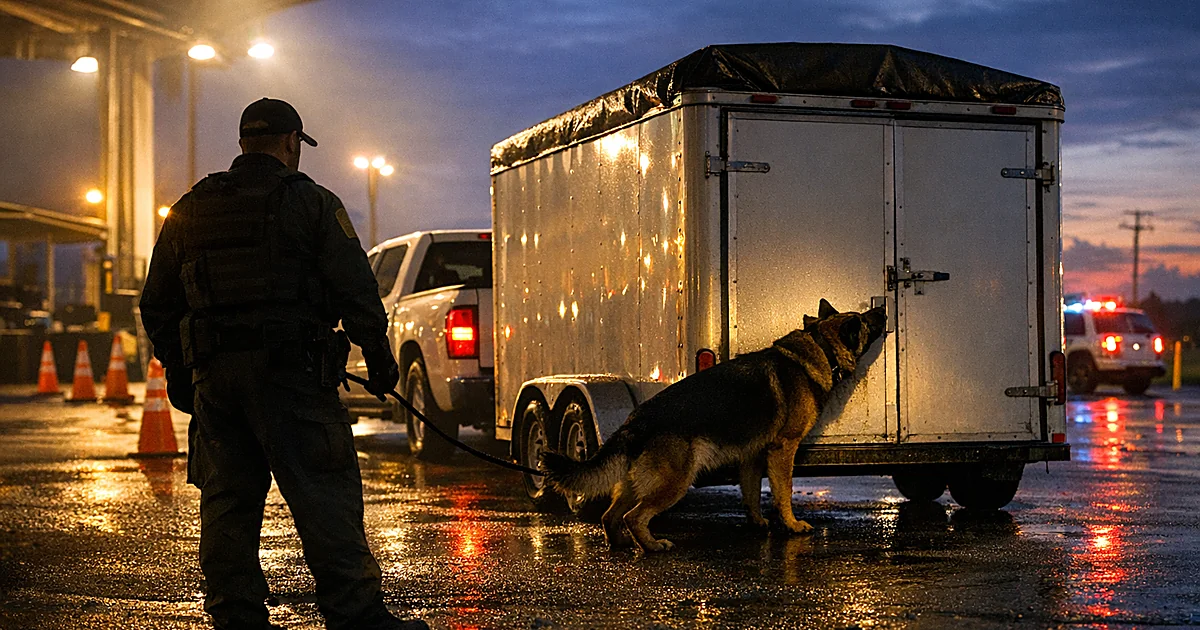 Border Patrol K-9 inspecting trailer at Texas checkpoint during dusk inspection